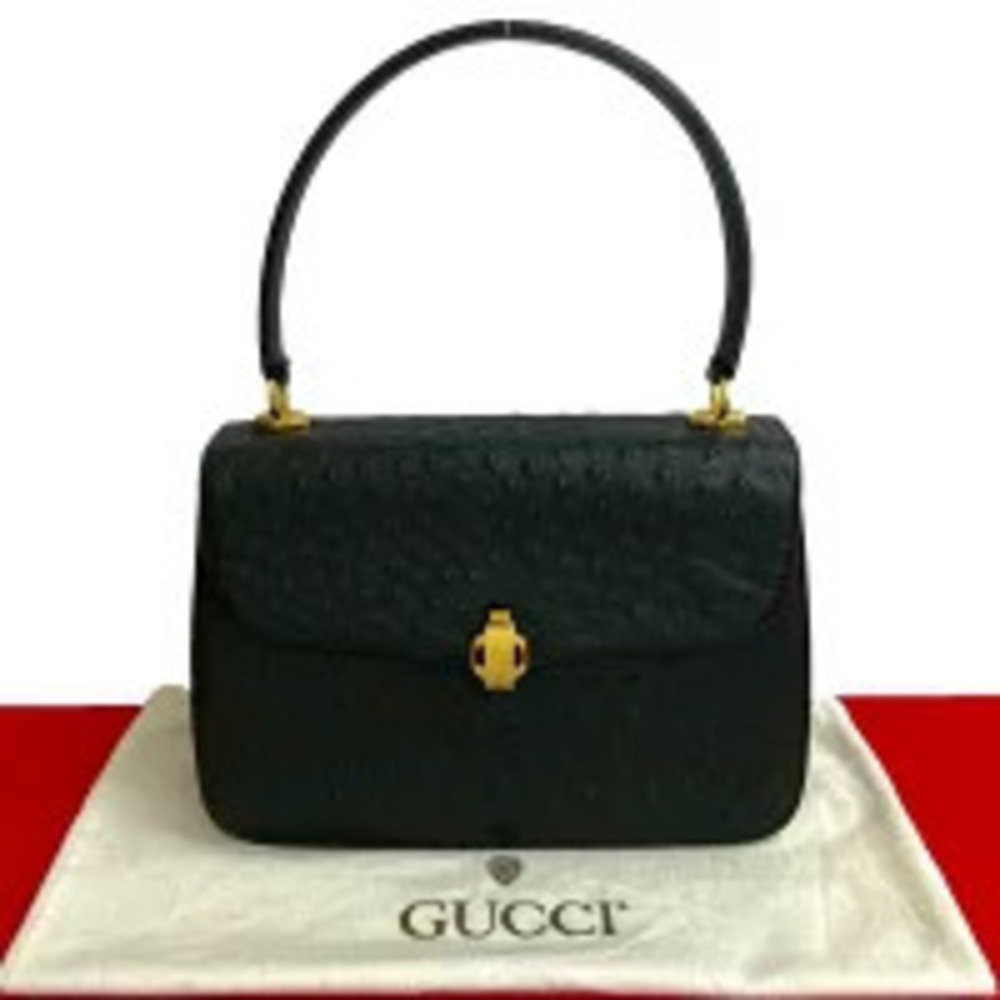 GUCCI GG Logo Ostrich Leather Handbag Black